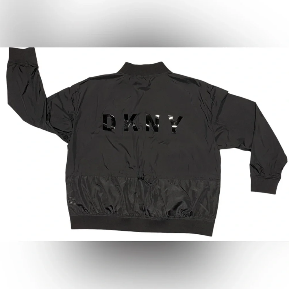 DKNY SPORT ZIP-UP WINDBREAKER JACKET LOGO DRAWSTRING UNISEX BLACK COLOR SZ LARGE